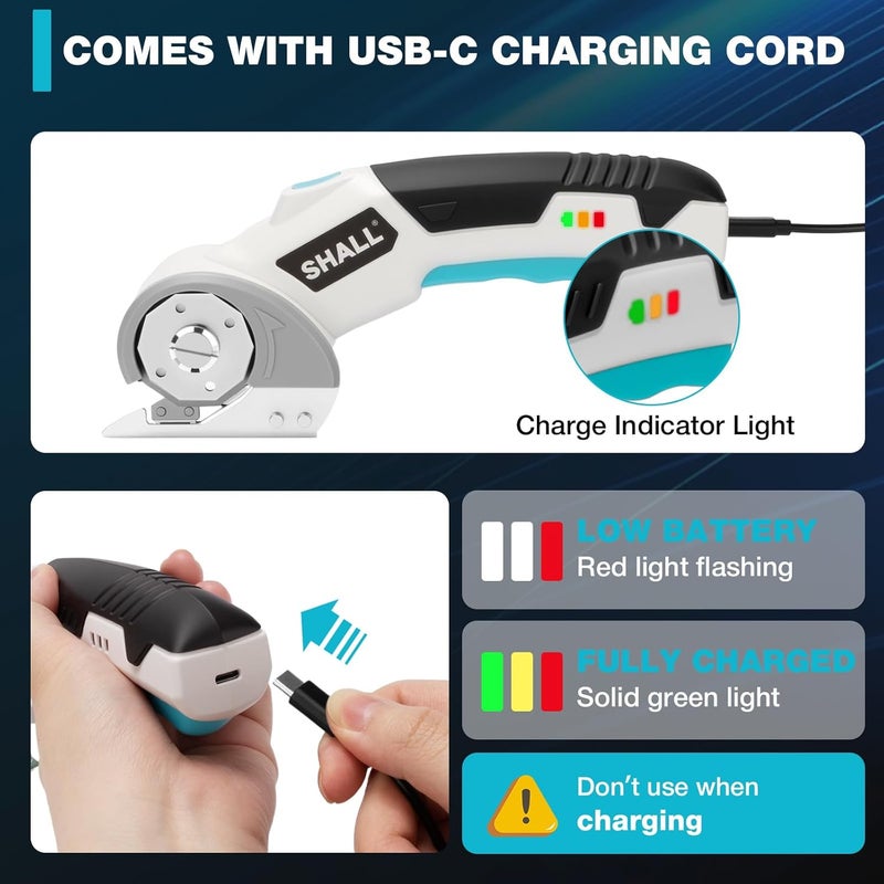 SHALL 4V Cordless Electric Scissors, Rechargeable Cardboard Cutter Rotary Electric Box Cutter w/Safety Lock, LED Light & Replacement Blade for Fabric, Leather, Carpet, Cardboard & Plastic, White/Blue - Image 5
